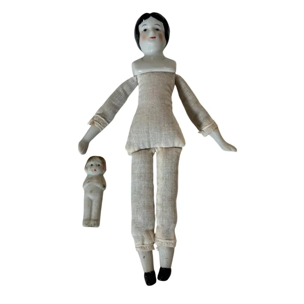 Antique China Head Doll Cloth Body Porcelain Limbs with Bisque Japan Baby Doll